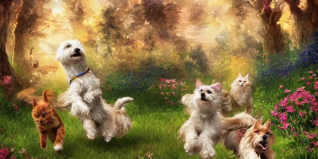 Image similar to dogs running happily towards their owners at the rainbow bridge, tall golden heavenly gates, two cats relax patiently, amazing, stunning artwork, featured on artstation, cgosciety, behance