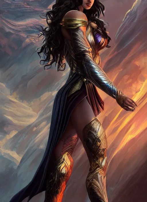 Prompt: Gal Gadot as Hell Lord, full body shot, epic, fantasy, intricate, elegant, volumetric lighting, highly detailed, digital painting, 4k, HDR, concept art, smooth, sharp focus, illustration, art by artgerm and alex ross and alphonse mucha