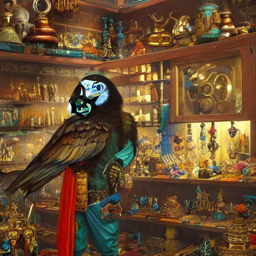 Prompt: A Anthropomorphized parrot trader in his shop, selling his wares, items, gold, carpet, window, D&D, fantasy, intricate, cinematic lighting, highly detailed, digital painting, artstation, concept art, smooth, sharp focus, illustration, art by Akihiko Yoshida, Greg Rutkowski and Alphonse Mucha