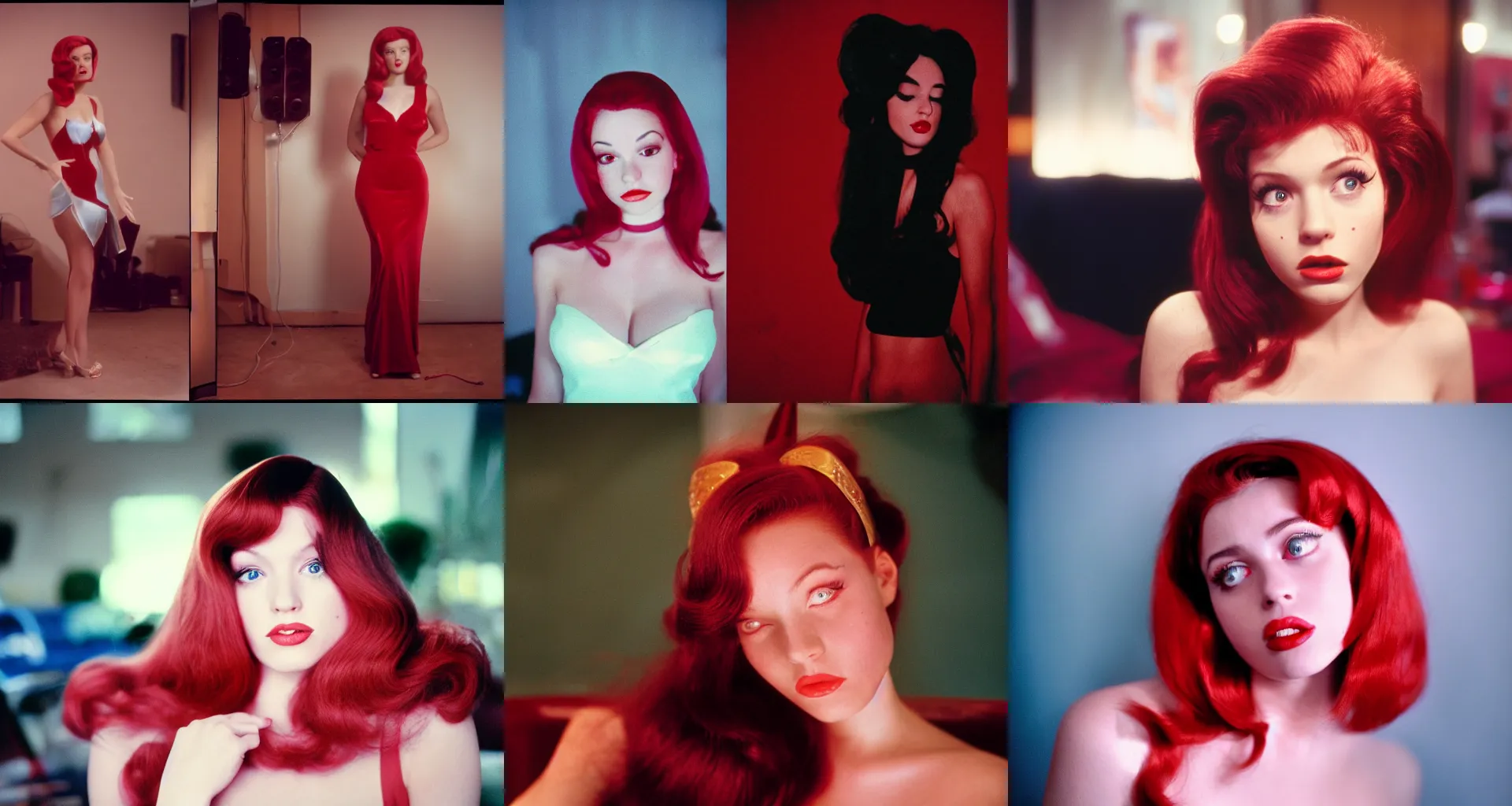 Prompt: a young actress that looks exactly like Jessica Rabbit, scene from the movie She's So Interesting (2017), 4K, Cinestill 800t
