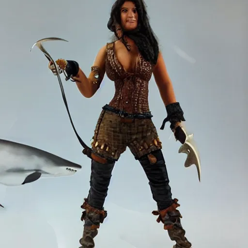 Image similar to a beautiful female swashbuckling pirate with shark skin, intricate, luminous,