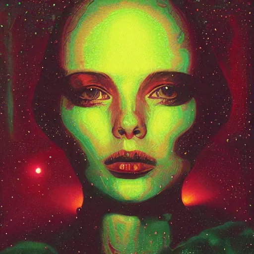 Image similar to beautiful sad female portrait looking down, red and green palette, night lights, starry sky, by ( h. r. giger ) and paul lehr