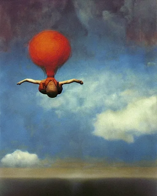 Prompt: early color photo of a scared boy flying in sky, Beksinski painting, painted by Adrian Ghenie and Gerhard Richter, 2007