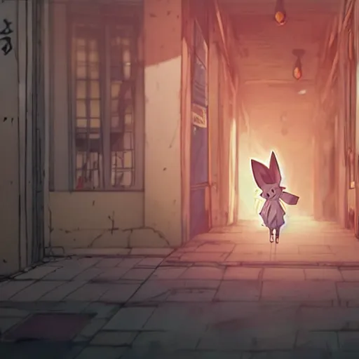 Image similar to screenshot from an anime about eevee wearing wizard robes and wandering an empty street alone, anime, 8 0 s, vhs, vhs effects, art by yuji ikehata