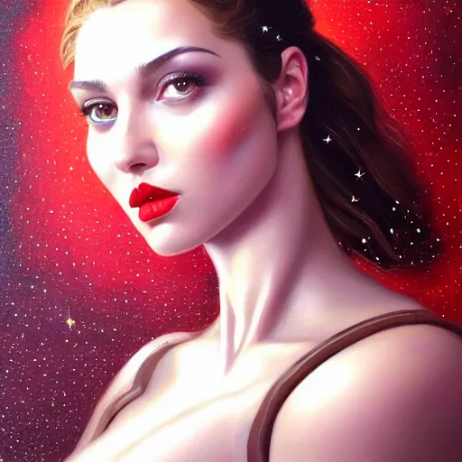 Image similar to a portrait of a very beautiful woman in a spacesuit with a dueling scar, brown eyes, shoulder-length brown hair, deep red lips, glitter, bored, illustration, soft lighting, soft details, painting oil on canvas by mark arian by artgerm, trending on artstation, 4k, 8k, HD