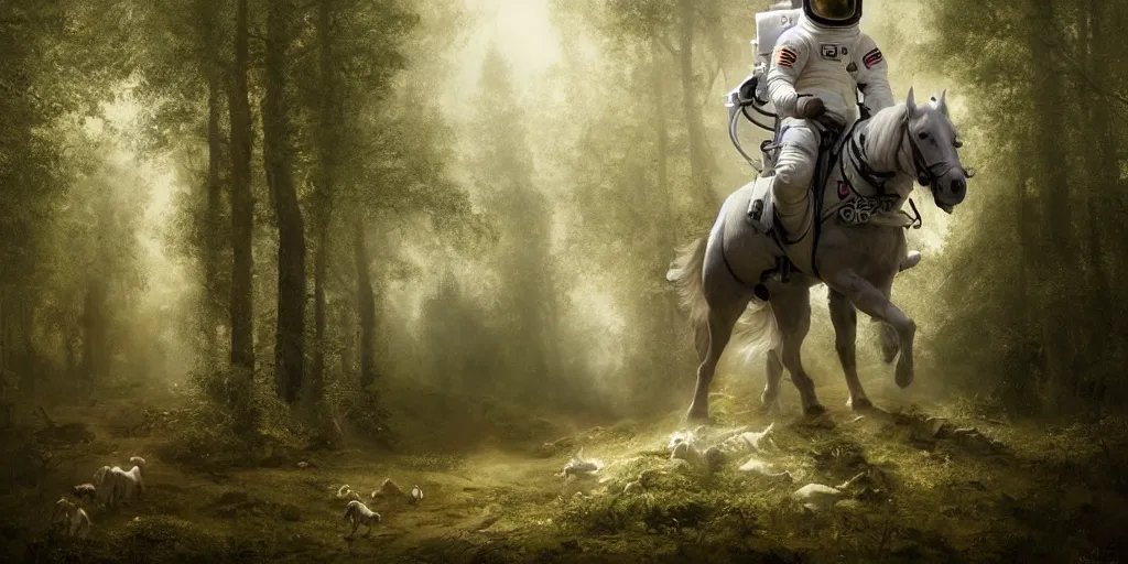 Image similar to an astronaut riding on the back of a white horse through a forest, a detailed matte painting by frieke janssens, featured on cgsociety, fantasy art, matte painting, reimagined by industrial light and magic, matte drawing