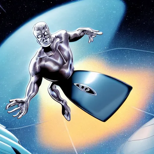 Image similar to silver surfer surfing on top of a car in space, heavy motion blur, steve ditko, 4k