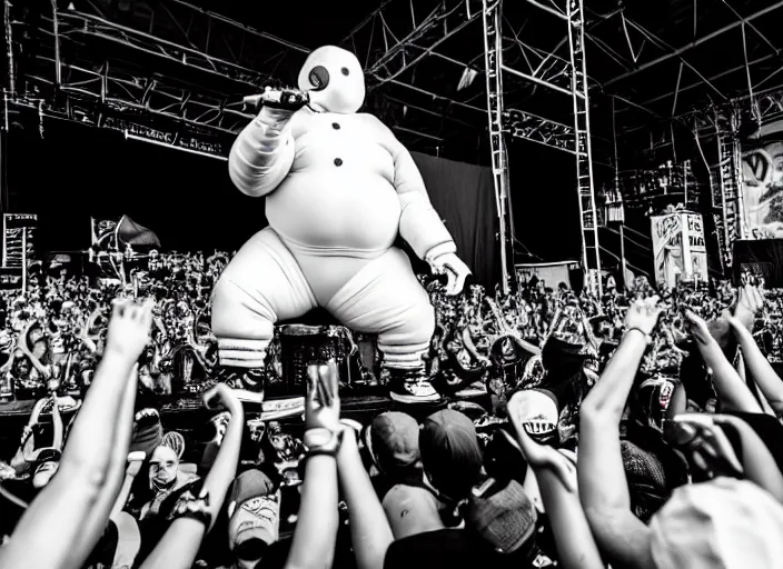 Image similar to photo still of the michelin man on stage at vans warped tour!!!!!!!! at age 3 8 years old 3 8 years of age!!!!!!! stage diving into the crowd, 8 k, 8 5 mm f 1. 8, studio lighting, rim light, right side key light