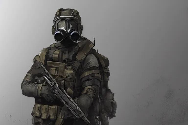 Prompt: uk sas operative with the standard s 1 0 gas mask and the black uniform, artstation, trending on artstation, establishing shot