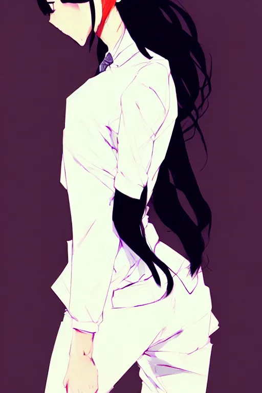 Image similar to a ultradetailed full body portrait of a woman dressed in a white shirt with a tie, by conrad roset, greg rutkowski and makoto shinkai trending on artstation