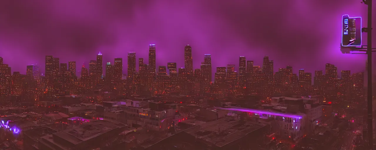 Image similar to a rainy Seattle, fog surrounding the streets, midnight, neon lights, cinematic lighting, cineovision, purple clouds surrounding the dark sky