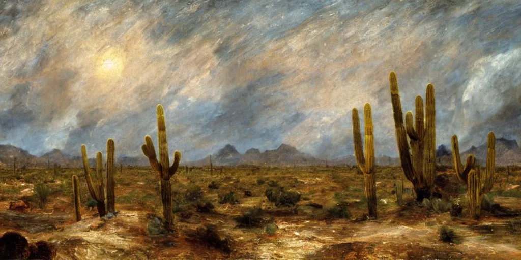 Prompt: Arizona desert, the passage of time, Oil Paint, Beautiful Lighting, by John Constable