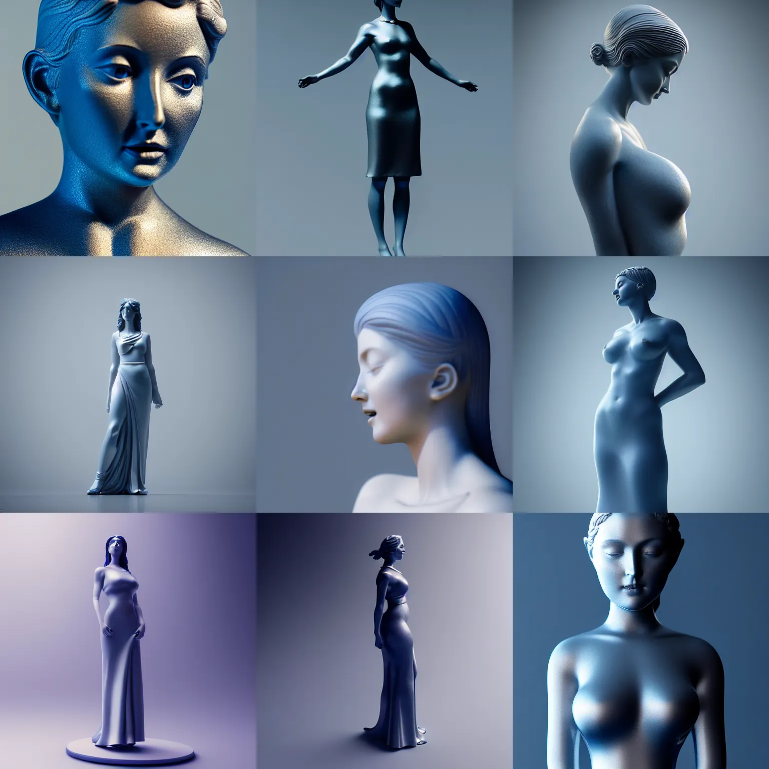 Prompt: statue of the perfect woman, porcelain, ( desgined by apple ), silver, blue soft details, soft!!, dark black dress, studio photo, octane render, studio lights, 8 0 mm lens