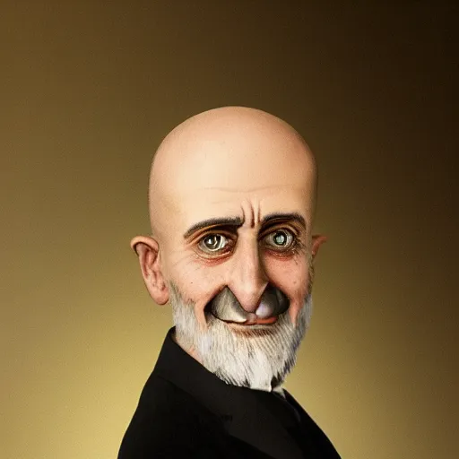 Image similar to an old ((somewhat mildewed)) funeral home director of Italian descent, somewhat bent over, bald on top, with a halo of unkempt hair, bearing a large mad grin, the minor god of illumination
