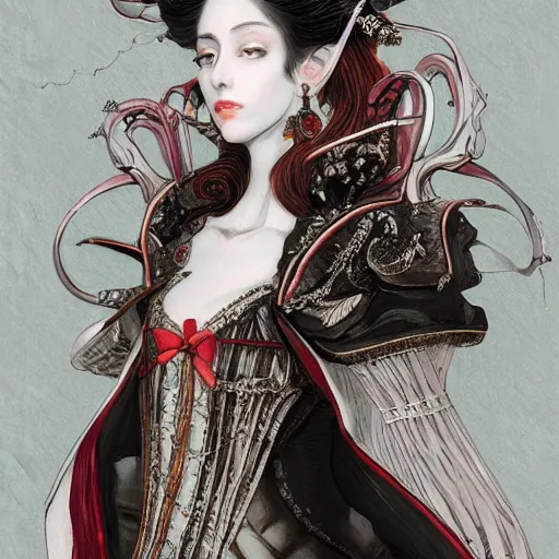 Image similar to portrait of lady dimitrescu, baroque style, elegant, beautiful, mesmerizing, concept art, fancy clothing, highly detailed, artstation, behance, deviantart, inspired by innocent manga, inspired by castlevania concept art, trending, ayami kojima, shinichi sakamoto