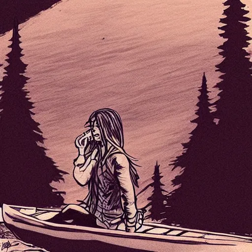 Image similar to “ a girl holding a beer, in a canoe on a river, mountains in fog, manga drawing, by paul pope ”