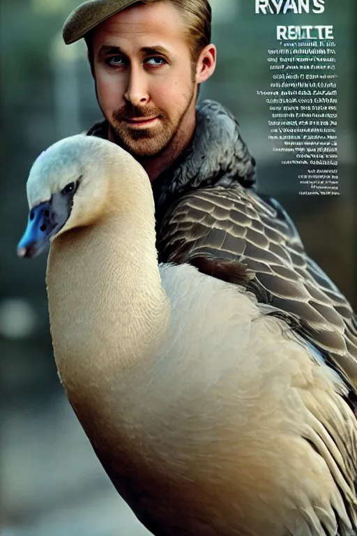 Image similar to ryan gosling fused with a goose, construction, natural light, bloom, detailed face, magazine, press, photo, steve mccurry, david lazar, canon, nikon, focus