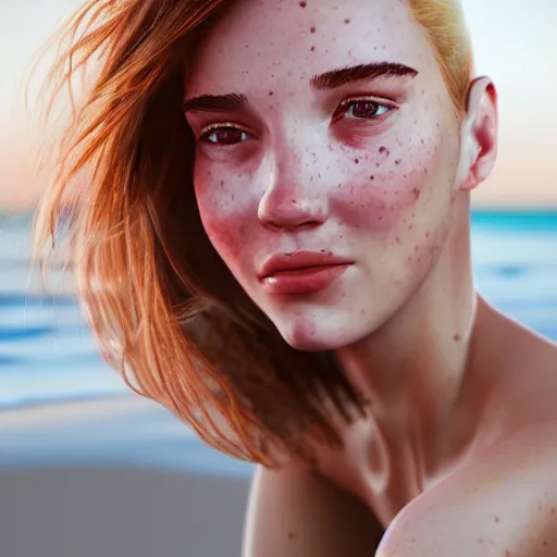 Image similar to portrait of a cute thin young woman, red blush, cute freckles, smug smile, modern clothes, relaxing on the beach, golden hour, close up shot, 8 k, art by irakli nadar, hyperrealism, hyperdetailed, ultra realistic