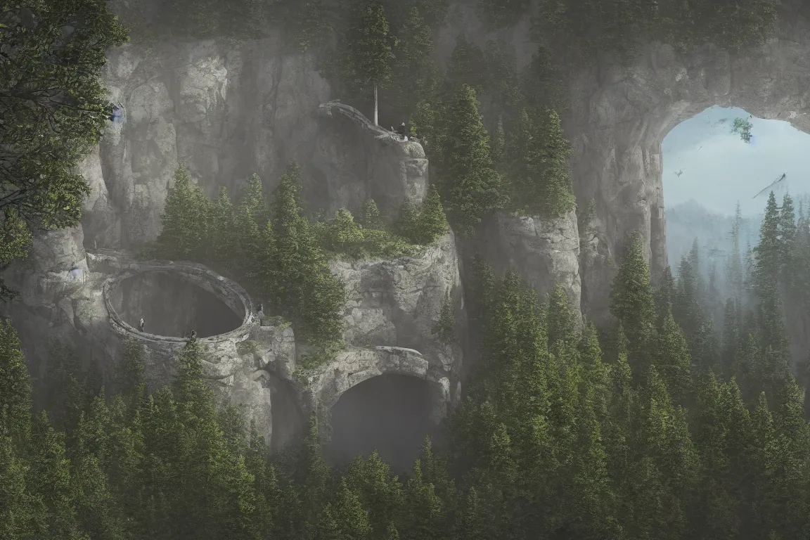 Image similar to A beautiful matte drawing of a ellipse-shaped building with rounded windows, standing on a large cliff near a coniferous forest. A thin stone bridge goes over the cliff. View from afar, photorealism, fog, 8k, 16k