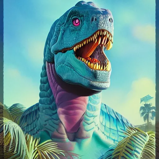 Image similar to Lofi vaporwave portrait dinosaur, Pixar style, Tristan Eaton, Stanley Artgerm, Tom Bagshaw