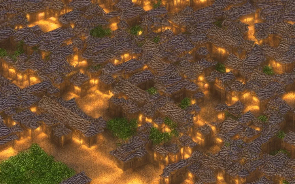 Prompt: the square of a medieval chinese village with a well in the center, arches, orange light, highly detailed, cinematic lighting, render, fantasy