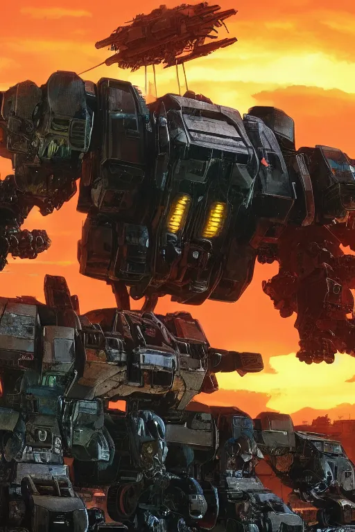 Prompt: A real photo of one big Mechwarrior in battle, a sunset in the distance, by Josan Gonzalez, Yoji Shinkawa and Geof Darrow, highly detailed, Unreal Engine Render, Neon lights, 3D, 8k wallpaper, uplight