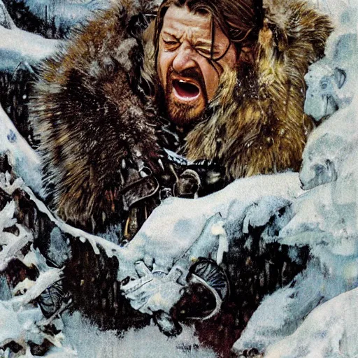 Prompt: ned stark screaming in winterfell by norman rockwell