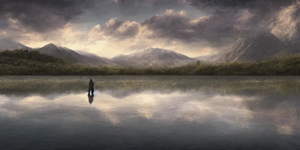 Prompt: beautiful landscape of small lake at midday with distant mountains and close - up of a symmetric detailed man in realistic detailed medieval armor, ultra realistic, highly detailed, hd, sharp focus, cinematic lighting, realistic, vivid colors, gritty, matt painting, digital art, non blurry, sharp, artstation, concept art, smooth, illustration