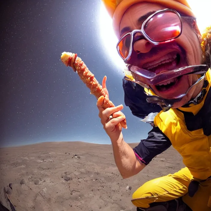 Image similar to robert downey jr eating a hot dog on the moon, dynamic lighting, gopro selfie with a fisheye lens