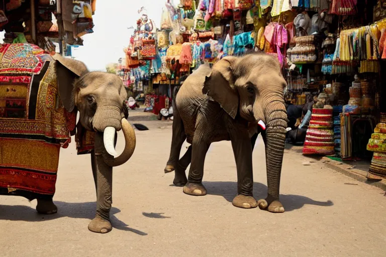 Image similar to cinematography elephant walking through Indian market by Emmanuel Lubezki