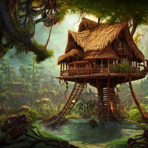 Image similar to tikipunk treehouse, fantasy oil painting, fine art, cinematic lighting, hyperdetailed, 8k, high resolution, insanely detailed and intricate, trending on artstation, octane render