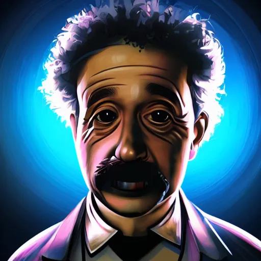 Image similar to A young Albert Einstein as a robot, synthwave style, hacker, dramatic lighting, artstation, 8K, detailed