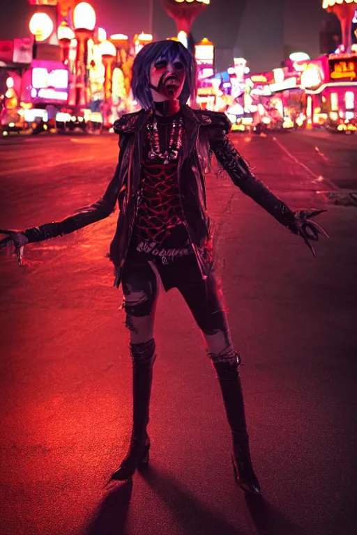 Image similar to full body portrait of a blood punk vampire, background of las vegas strip at night, cinematic, hyper realism, high detail, octane render, 8k, cgsociety