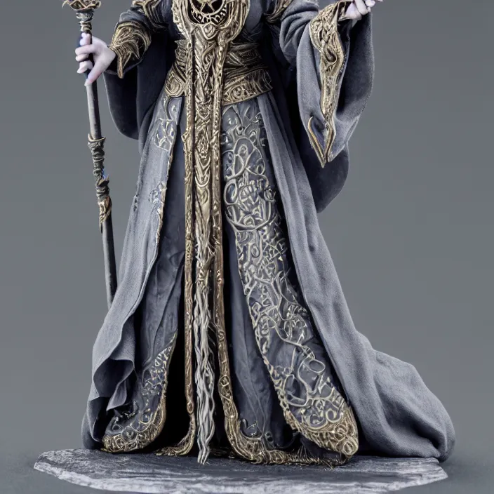 Image similar to photograph of a real-life beautiful elemental moon witch with ornate grey robes and staff. Extremely detailed. 8k