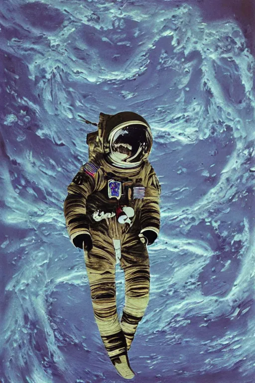 Prompt: a beautiful glitched painting by akiya kageichi of a cosmonaut in space suit falling into a dark abyss