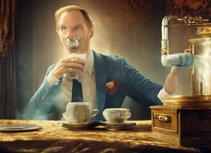 Image similar to A very high resolution image from a new movie, A Weasel wearing a suit drinks tea in a shabby Chinese room, surrounded by water vapor,beatiful backgrounds,dramatic Lighting, directed by wes anderson