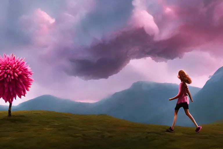 Image similar to giant dahlia flower head, girl walking on mountain, surreal photography, pink storm clouds, dramatic light, impressionist painting, digital painting, artstation, simon stalenhag