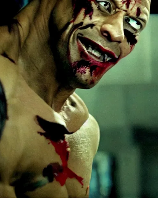 Image similar to Film still close-up shot of Dwayne The Rock Johnson as The Joker from the movie The Dark Knight. Cinematic, Photographic, photography