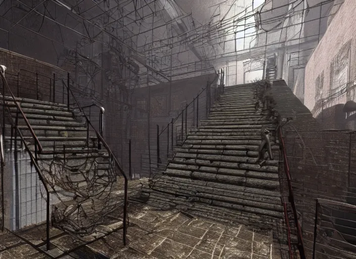 Image similar to wire, grate, iron, pipes, steam, plant, fans, stairs, rust horror darkness, highs detailed, unreal engine