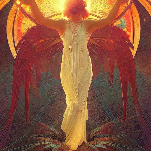 Image similar to the solarpunk phoenix, red bird, regeneration, landscape, epic composition, 8 k, volumetric light, bokeh, painting by greg rutkowski by alphonse mucha