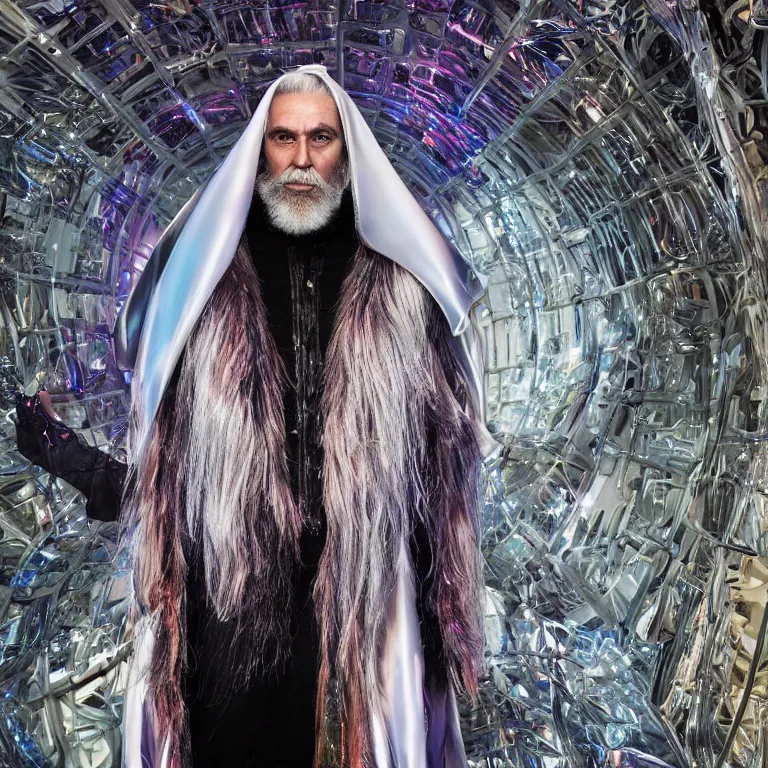 Prompt: high fashion photoshoot octane render portrait by wayne barlow and carlo crivelli and glenn fabry, a distinguished sci - fi futuristic psychedelic wizard with a long white beard wearing a clear plastic iridescent jacket and holding a magical adorable critter while standing inside a futuristic beautiful boutique fantasy hotel lobby, very short depth of field, bokeh