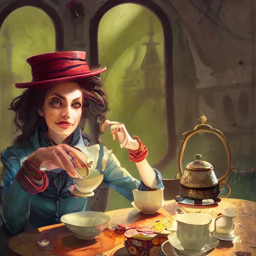 Image similar to female mad hatter sitting at tea table, by Jordan Grimmer and greg rutkowski, crisp lines and color,