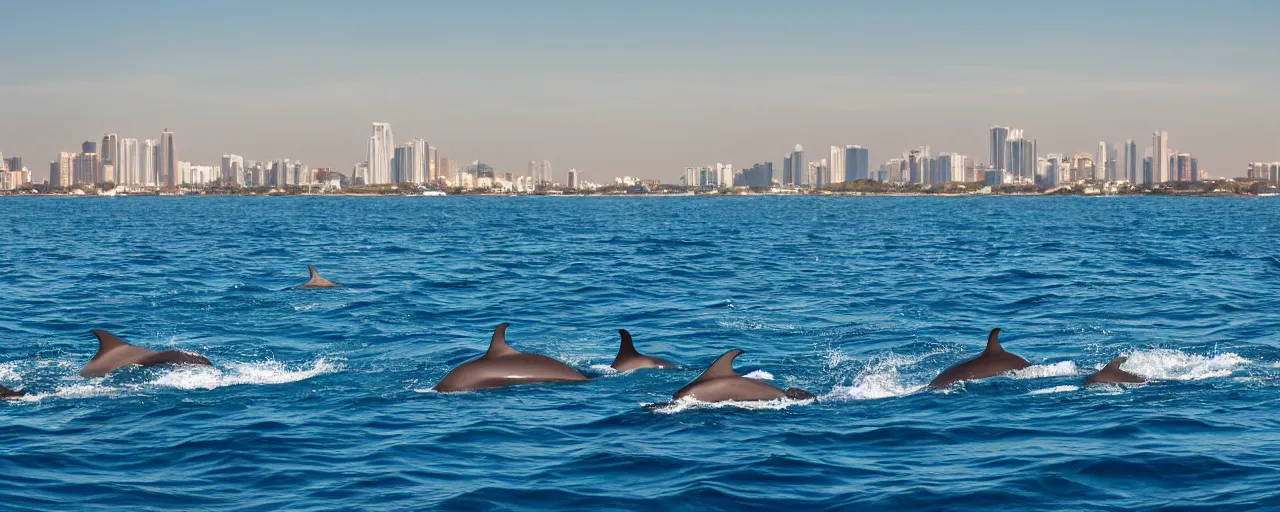 Prompt: pod of dolphins with tails swimming in a calm tropical ocean with a distant coastal city skyline visible in the background at night with a clear star filled sky