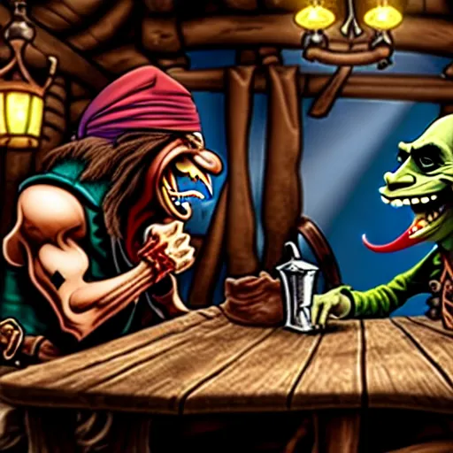 Image similar to a goblin with a large nose and a pirate with a bandana negotiating a contract with Jared Leto in a Western saloon.