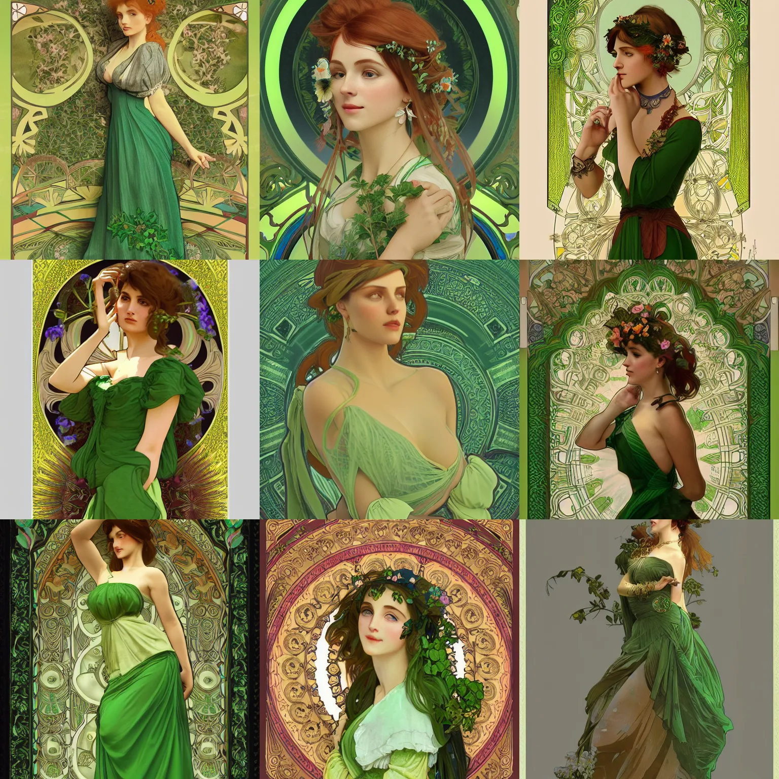 Prompt: a beautiful european female in bohemian dress, green, as seen on artgerm, octane render, in the style of alphonse mucha, ultra realistic, highly detailed, 8 k