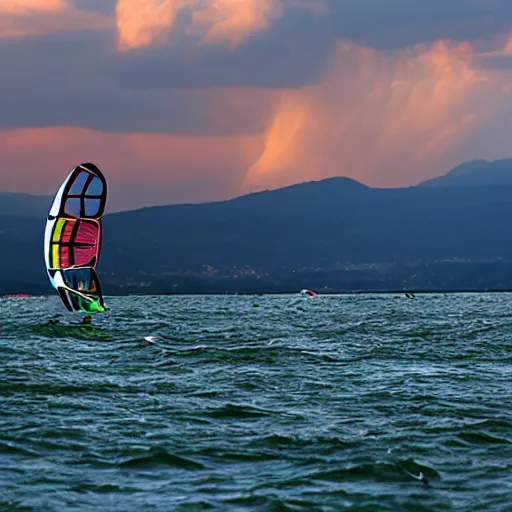 Prompt: windsurfing over stormy lake geneva with sunset in the back