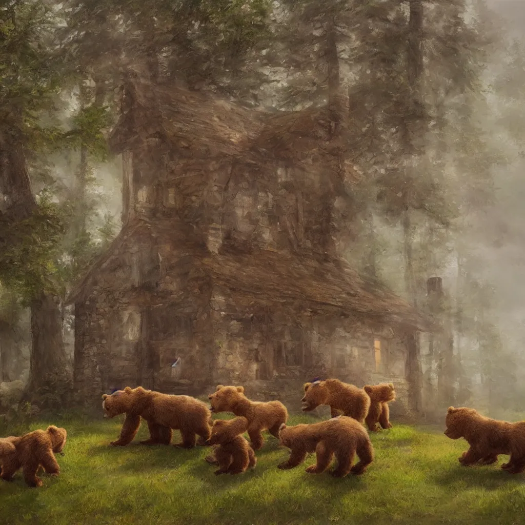 Image similar to cottage with three humanoid bear cubs in front, aesthetic, oil painting, pale colors, high detail, 8 k, wide angle, trending on artstation,