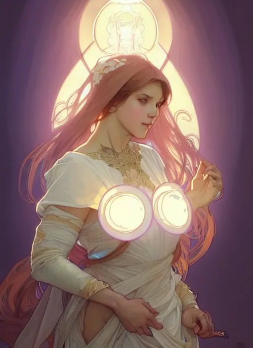 Image similar to digital character concept art by artgerm and greg rutkowski and alphonse mucha. clear portrait of a modern young wife blessed by god to unstoppably grow more perfect and fertile!! blonde, in clothes! holy full - figured! emotive, light effect. hyper detailed, glowing lights!! intricate, elegant, digital painting, artstation, smooth, sharp focus