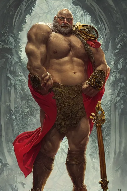 Image similar to portrait of doctor eggman as a herculian man, forest, full body, muscular, fantasy, intricate, elegant, highly detailed, digital painting, artstation, concept art, sharp focus, illustration, art by artgerm and greg rutkowski and alphonse mucha