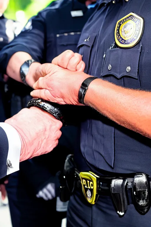 Image similar to donald trump being handcuffed by a police officer front of a police car, real life skin, intricate, high detailed, smooth, sharp focus